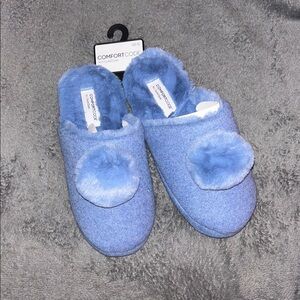 Comfort Code Soft Blue Slippers with Pom-Poms